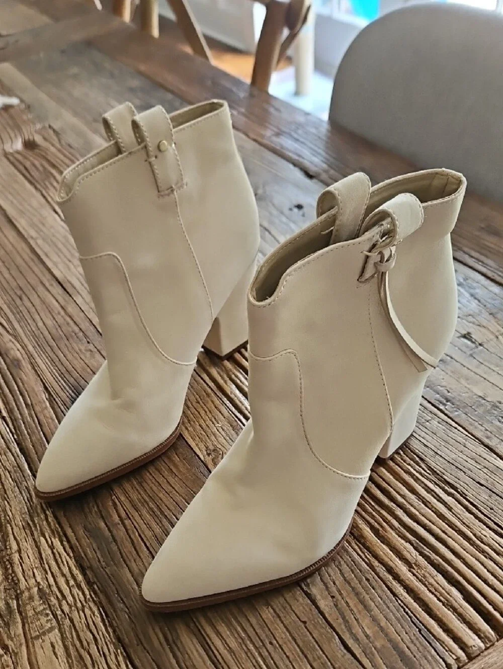 Sam Edelman Cream Pointed-Toe Block Heel Ankle Booties